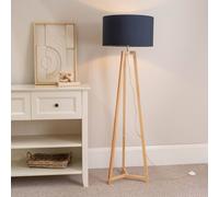 ValueLights | Natural Wood Tripod Floor Lamp with Navy Blue Fabric Drum Lampshade Living Room Light | Floor Lamps, Home Décor & Improvement Essential | Included LED Bulb