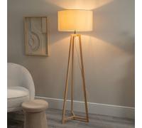 Valuelights Lottie Natural Wood Tripod Floor Lamp With Fabric Drum Shade And Led Bulb Natural