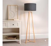 ValueLights Lottie Charcoal Drum Shade Natural Wood Tripod Floor Lamp