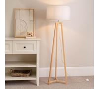 Valuelights Lottie Natural Wood Tripod Floor Lamp With Fabric Drum Shade In White White