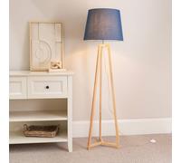 Lottie Natural Wood Tripod Floor Lamp with Fabric Tapered Shade and LED Bulb ValueLights Blue One Size