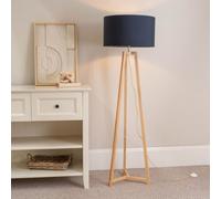 Valuelights Lottie Natural Wood Tripod Floor Lamp With Navy Blue Drum Shade