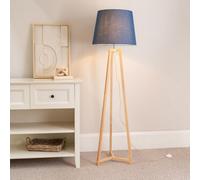 Valuelights Lottie Natural Wood Tripod Floor Lamp With Navy Blue Tapered Shade - Led Bulb Included