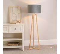Lottie Natural Wood Tripod Floor Lamp with Velvet Drum Shade and LED Bulb ValueLights Grey One Size