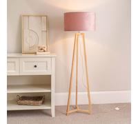 Lottie Natural Wood Tripod Floor Lamp with Velvet Drum Shade and LED Bulb ValueLights Pink One Size