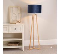 Lottie Natural Wood Tripod Floor Lamp with Velvet Drum Shade ValueLights Blue One Size