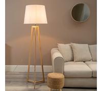 Valuelights Lottie Natural Wood Tripod Floor Lamp With White Tapered Shade - Led Bulb Included