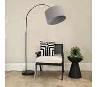 ValueLights Louis Black Arched Curved Floor Lamp with Fabric Drum Lamp Shade in Grey ValueLights Grey