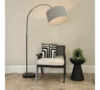 Valuelights Louis Black Arched Curved Floor Lamp With Grey Fabric Drum Lamp Shade And Led Bulb