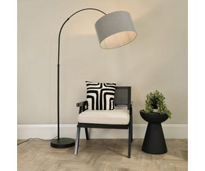 Valuelights Louis Black Arched Curved Floor Lamp With Grey Fabric Drum Lamp Shade And Led Bulb
