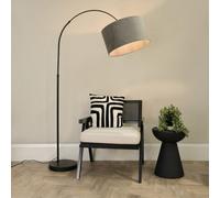 Louis Black Arched Curved Floor Lamp with Velvet Drum Lamp Shade ValueLights Grey One Size