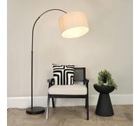 Valuelights Louis Black Arched Curved Floor Lamp With Natural Fabric Drum Lamp Shade And Led Bulb