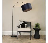 ValueLights Louis Navy Velvet Shade Black Arched Floor Lamp with Bulb