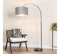 ValueLights Louis Grey Velvet & Chrome Shade Black Arched Floor Lamp & Bulb