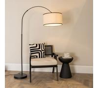 ValueLights Louis Linen Black Trim Shade Black Arched Floor Lamp & Bulb