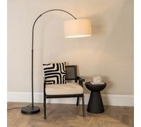 ValueLights Louis Linen White Trim Drum Shade Black Arched Floor Lamp