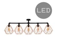 Valuelights Luiggi 5 Way Satin Black Pipework Bar Ceiling Light With Copper Basket Cage Shades - With Led Filament Bulbs