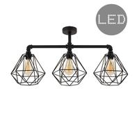 MiniSun | Industrial Steampunk Style Satin Black 3 Way Bar Ceiling Light with Basket Cage Black Metal Shades - Complete with 4w LED Filament Bulbs | Ceiling Lights & Home Improvements Essential