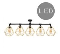 Valuelights Luiggi Industrial 5 Way Satin Black Pipework Bar Ceiling Light With Gold Basket Shade - Including Bulbs