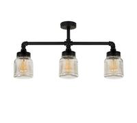 MiniSun | Industrial Steampunk Satin Black 3 Way Bar Pipework Ceiling Light with Clear Glass Ribbed Jar Shades | Pendant Lights, Home Décor & Improvement Essential | Mains Wired