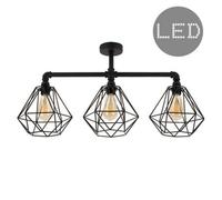 MiniSun | Industrial Steampunk Style Satin Black 3 Way Bar Ceiling Light with Basket Cage Black Metal Shades - Complete with 4w LED Filament Bulbs | Ceiling Lights & Home Improvements Essential