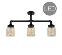MiniSun | Industrial Steampunk Style Satin Black 3 Way Bar Ceiling Light with Clear Glass Ribbed Pattern Jar Shades - Complete with 4w LED Bulbs | Ceiling Lights & Home Improvements Essential