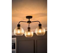 ValueLights Maddison Clear Ribbed Glass Globe 3 Arm Ceiling Light & Filament Bulbs in Black ValueLights Black