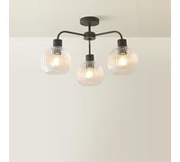 ValueLights Maddison Clear Ribbed Glass Globe Shades 3 Arm Ceiling Light in Black ValueLights Black