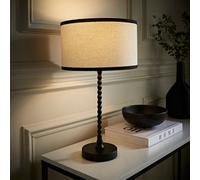 Valuelights Maeve Natural Linen Black Trim Drum Shade Matte Black Bobbin Table Lamp And Bulb