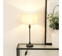 ValueLights | Black Metal Candlestick Table Lamp with Natural Fabric Drum Shade Bedside Light | Table Lamps, Home Décor & Improvement Essential | Included LED Bulb