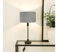 ValueLights Maggie Black Metal Candlestick Table Lamp with Velvet Drum Shade & LED Bulb in Grey ValueLights Grey