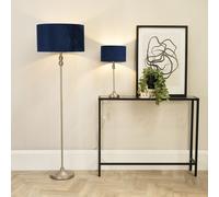 ValueLights Maggie Navy Blue Velvet Shade Brushed Chrome Candlestick LED Floor Lamp - Silver - Wilko