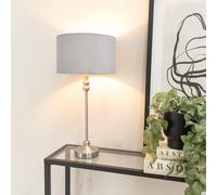 ValueLights | Brushed Chrome Metal Candlestick Table Lamp with Grey Velvet Drum Shade Bedside Light | Table Lamps, Home Décor & Improvement Essential | Included LED Bulb