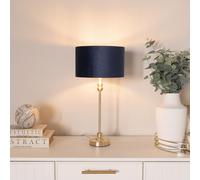ValueLights Maggie Gold Candlestick Table Lamp with Velvet Drum with Gold Inner Shade & Bulb in Dark Navy ValueLights Dark Navy