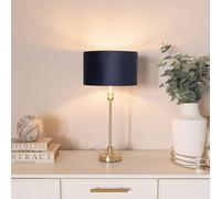 ValueLights Maggie Gold Candlestick Table Lamp with Velvet Drum with Gold Inner Shade & Bulb in Dark Navy ValueLights Dark Navy