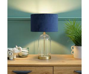 Valuelights Maja Glass And Gold Metal Bedside Table Lamp With A Navy Blue Velvet Lampshade