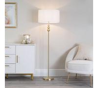 ValueLights Marissa Fabric Drum Shade with Brushed Gold Stacked Ball Floor Lamp in White ValueLights White