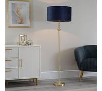 Gold Stacked Ball Single Stem Standing Floor Lamp with Navy Blue Velvet Shade for Living Room