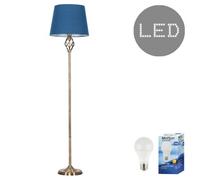 Valuelights Memphis Antique Brass Barley Twist Floor Lamp With Navy Blue Tapered Light Shade - With Led Gls Bulb In Warm White