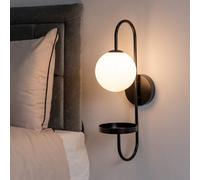 ValueLights Milo Frosted Glass Globe Shade Curved Wall Light with Shelf & LED Bulb in Black ValueLights Black