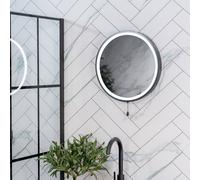 Matt Black Bathroom Mirror Round Battery Operated Pull Switch Integrated LED