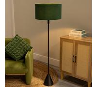 ValueLights Mitch Fabric Drum Lamp Shade Black Wood Stem Triangle Floor Lamp with LED Bulb in Bottle Green ValueLights Bottle Green
