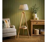 Valuelights Morrigan Blue Floral Shade Scallop Wooden Tripod Floor Lamp & Bulb
