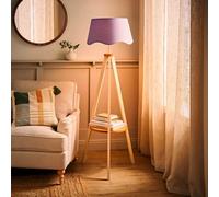 ValueLights Morrigan Cream Wood Shelf Floor Lamp With Lilac Scallop Shade And Bulb