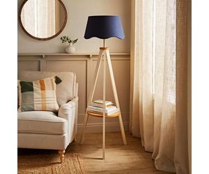 ValueLights Morrigan Cream Wood Shelf Floor Lamp With Navy Scallop Shade