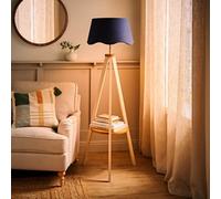 ValueLights Morrigan Cream Wood Shelf Floor Lamp With Navy Scallop Shade And Bulb