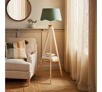 ValueLights Morrigan Cream Wood Shelf Floor Lamp With Sage Green Scallop Shade