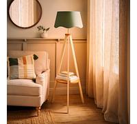 ValueLights Morrigan Cream Wood Shelf Floor Lamp With Sage Green Scallop Shade And Bulb