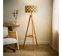 Valuelights Morrigan Green Check Print Bamboo Shade Mid Wood Tripod Floor Lamp