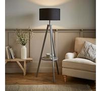 Valuelights Morrigan Grey Wood Shelf Tripod Floor Lamp With Black Drum Shade